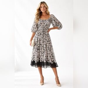 Anthropologie Black White Floral Midi Dress XL Boho Sheer Hem Tie Waist